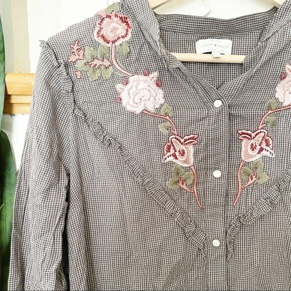 Lucky Brand Button Down grid floral embroidered M - Picture 3 of 5